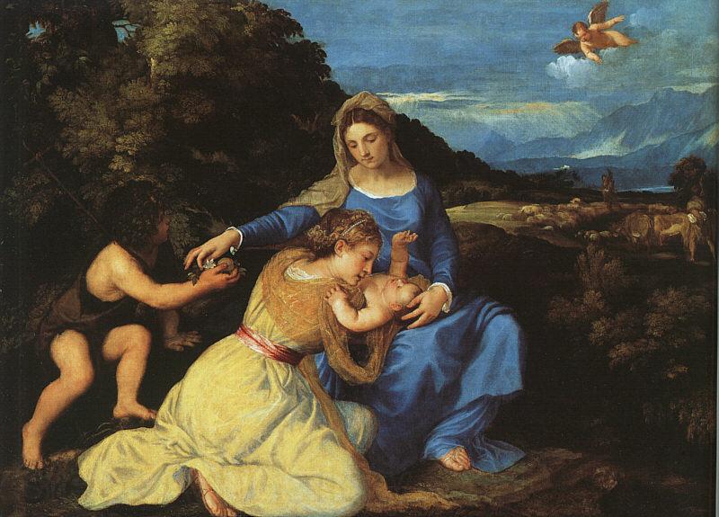  Titian Madonna and Child with the Young St.John the Baptist St.Catherine Spain oil painting art